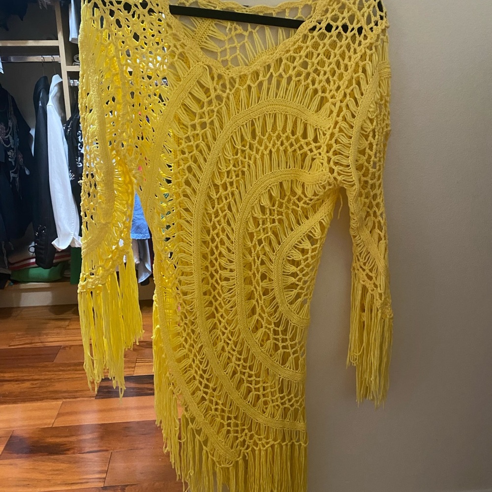 Yellow Crochet Fringe beach cover up